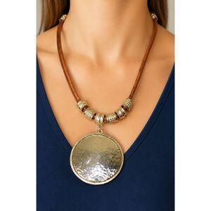 Chico's Gold Silver Tone Round Disc Pendant & Sliders Leather Cord Necklace